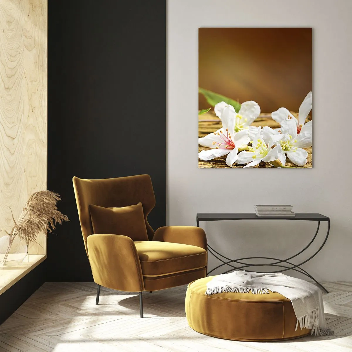 Impression sur verre - Image sur verre - Fleurs blanches sur fond de bois dans une lumière chaude - 50x70cm - Une promesse innocente - Décoration murale moderne pour le salon et la chambre ARTTOR