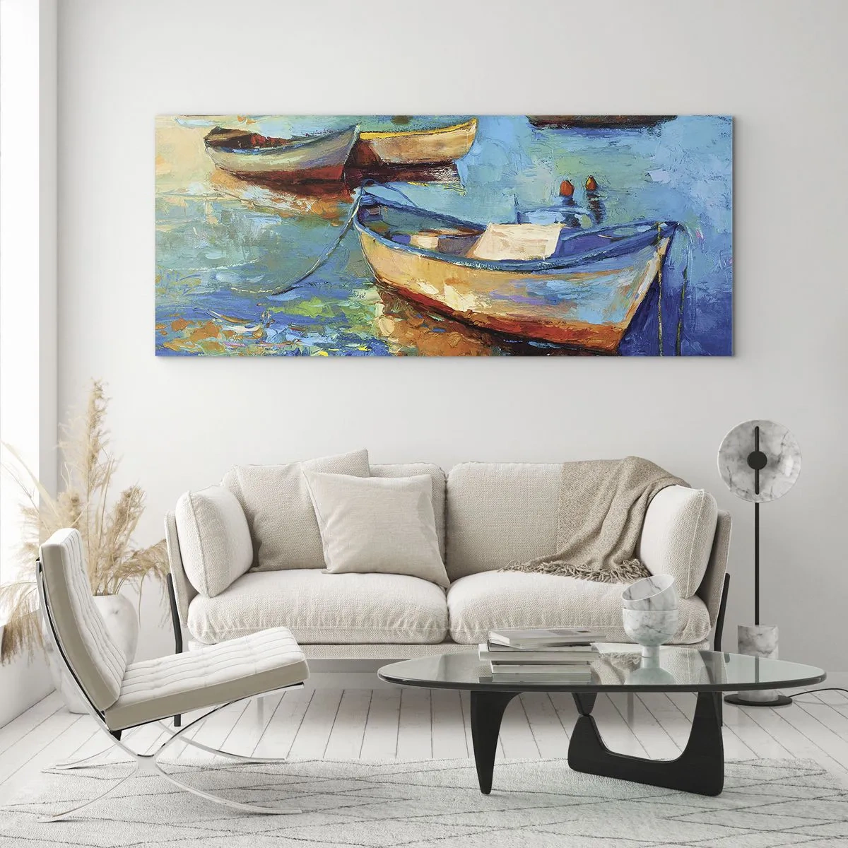 Impression sur verre - Image sur verre - Bateaux colorés amarrés sur une eau calme - 140x50cm - Dans la baie du sud - Décoration murale moderne pour le salon et la chambre ARTTOR