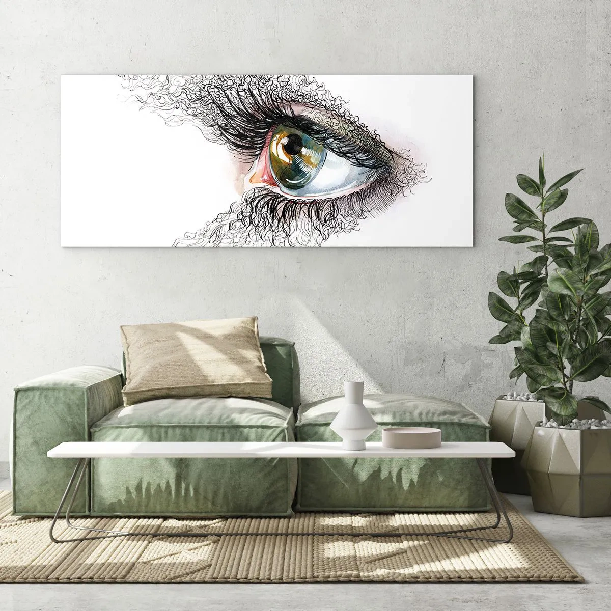 Impression sur verre - Image sur verre - Un œil artistique avec un iris jaune-vert et des détails complexes. - 140x50cm - Regarde droit dans l'âme - Décoration murale moderne pour le salon et la chambre ARTTOR