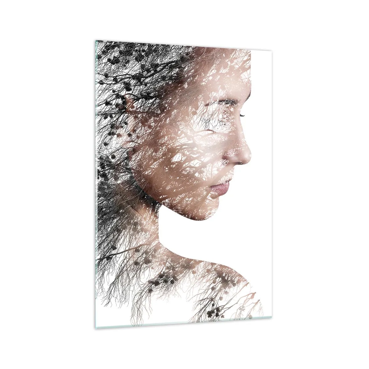 Impression sur verre - Image sur verre - Silhouette d'une femme avec un motif de branche et d'oiseau en arrière-plan - 70x100cm - L'âme de la forêt - Décoration murale moderne pour le salon et la chambre ARTTOR