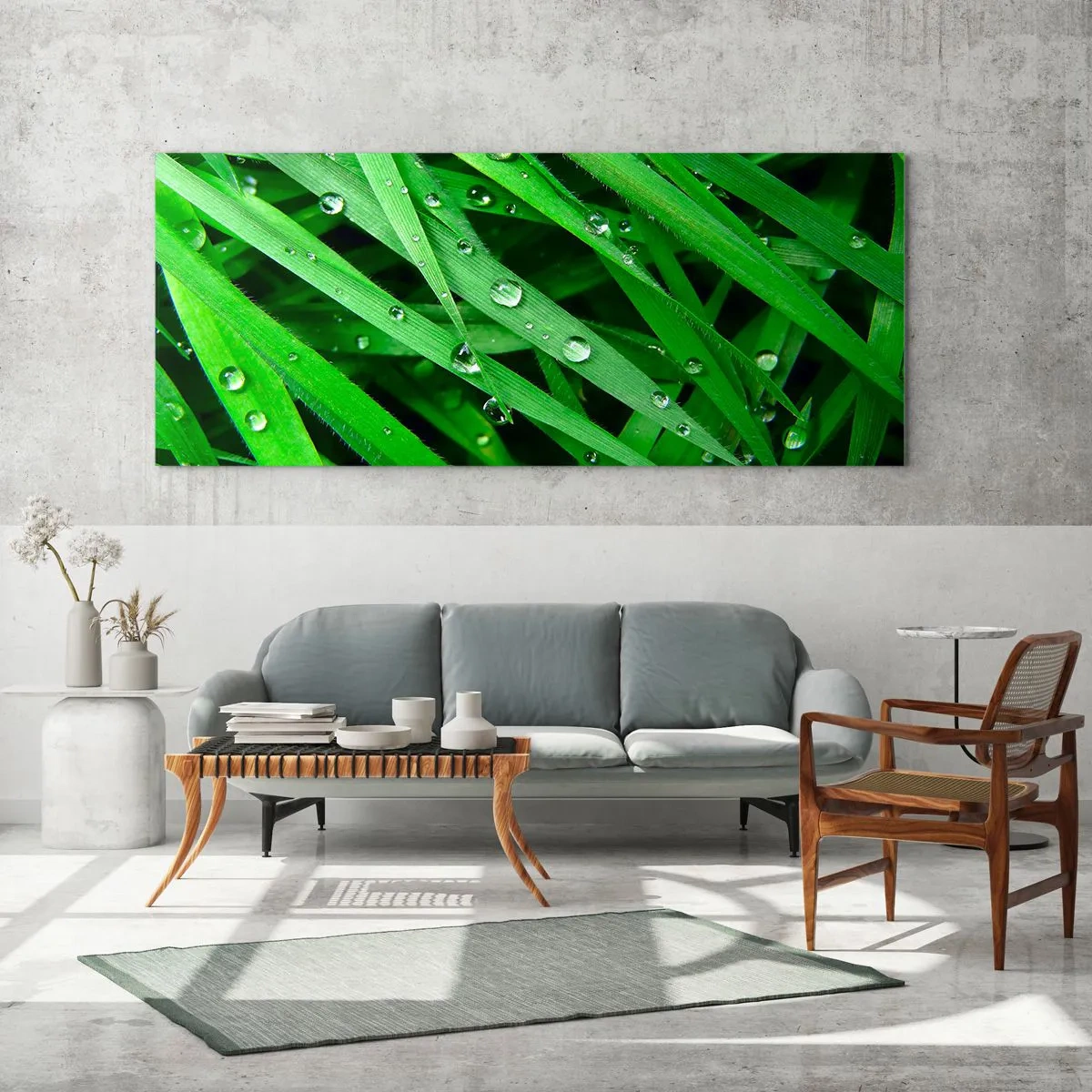 Impression sur verre - Image sur verre - Gros plan de brins d'herbe verte avec des gouttes de rosée - 160x50cm - Jouez dans le vert - Décoration murale moderne pour le salon et la chambre ARTTOR