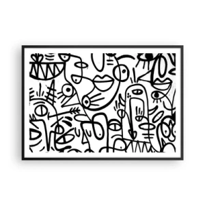 Affiche dans un cadre noir - Poster - Dessins abstraits en noir et blanc avec des motifs faciaux - 100x70cm - Visages et mirages - Décoration murale moderne pour le salon et la chambre ARTTOR