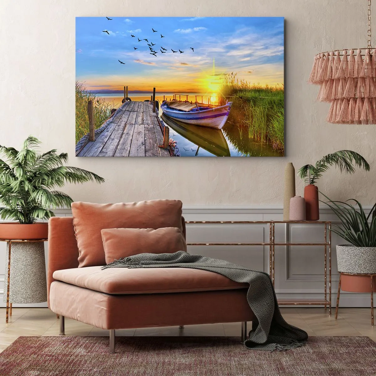 Impression sur toile - Image sur toile - Un bateau sur une jetée en bois au coucher du soleil - 70x50cm - Au revoir, à demain - Décoration murale moderne pour le salon et la chambre ARTTOR