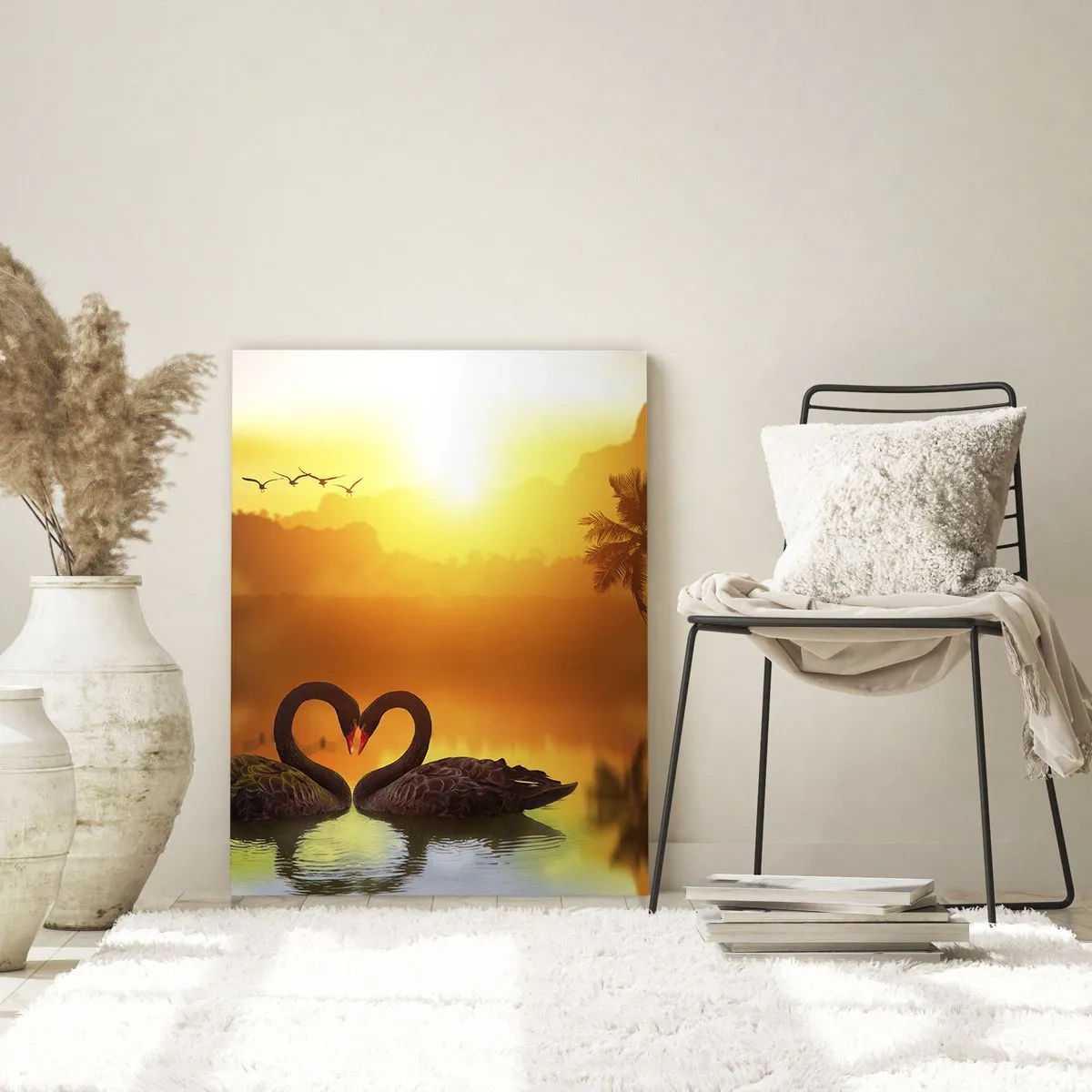 Impression sur verre - Image sur verre - Deux cygnes noirs formant un cœur sur fond de coucher de soleil sur un lac - 80x120cm - Tout va ensemble - Décoration murale moderne pour le salon et la chambre ARTTOR