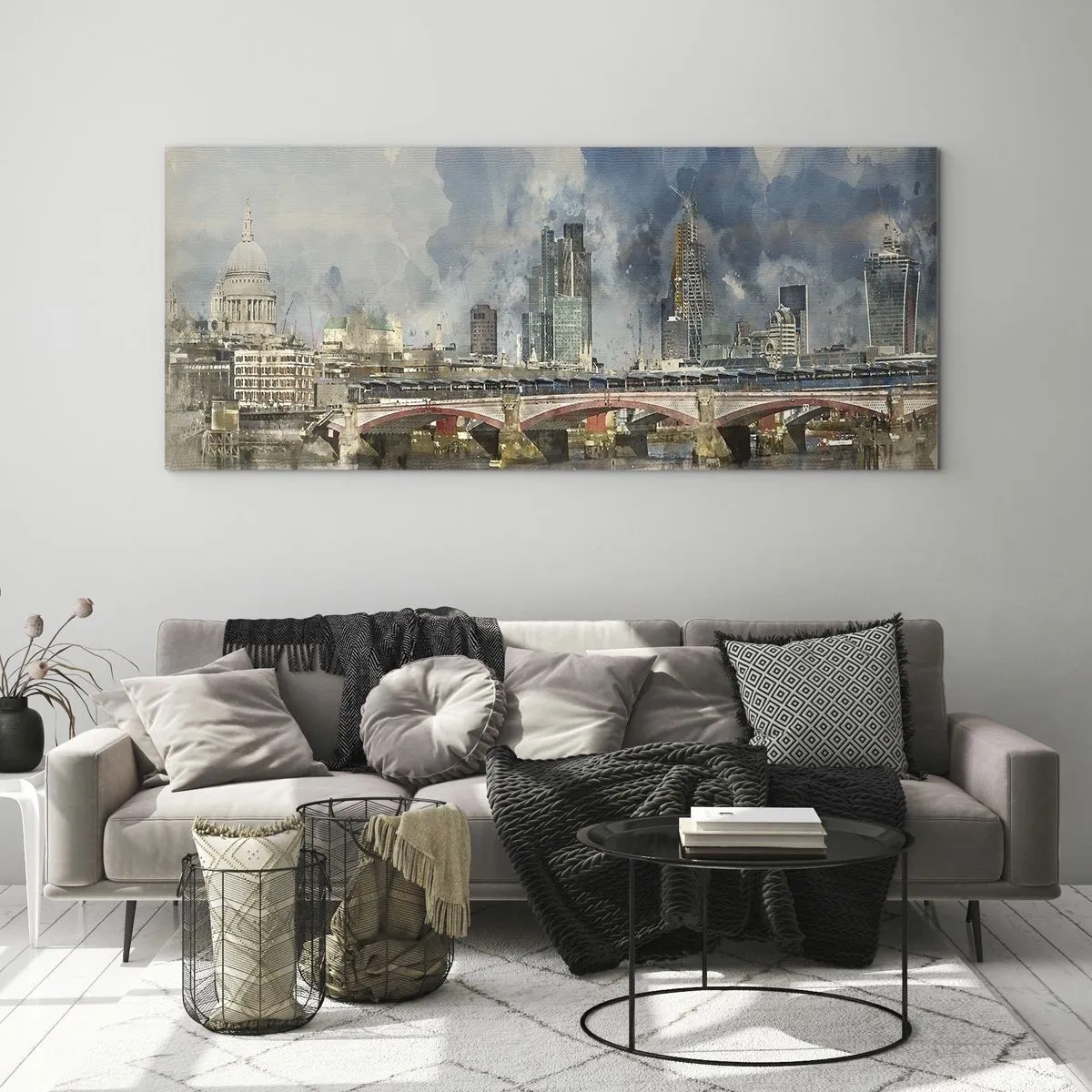 Impression sur verre - Image sur verre - Vue à l'aquarelle du pont et des toits de la ville - 120x50cm - Londres dans toute sa splendeur - Décoration murale moderne pour le salon et la chambre ARTTOR