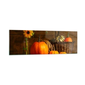 Impression sur verre - Image sur verre - Composition d'automne avec citrouilles et fleurs sur fond de bois - 160x50cm - Une composition rustique - cadeaux d'automne - Décoration murale moderne pour le salon et la chambre ARTTOR