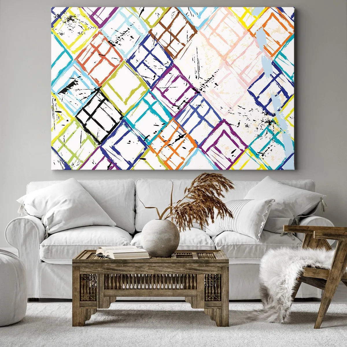 Impression sur toile - Image sur toile - Abstraction colorée avec des formes géométriques sur fond blanc - 70x50cm - Cellules à louer - Décoration murale moderne pour le salon et la chambre ARTTOR