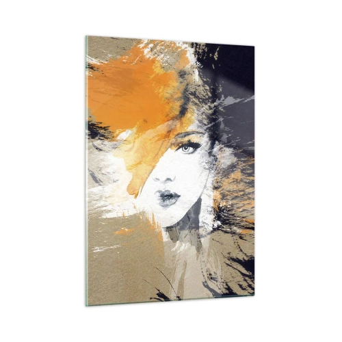 Impression sur verre - Image sur verre - Portrait abstrait d'une femme aux accents orange - 50x70cm - Et la lumière fut - Décoration murale moderne pour le salon et la chambre ARTTOR