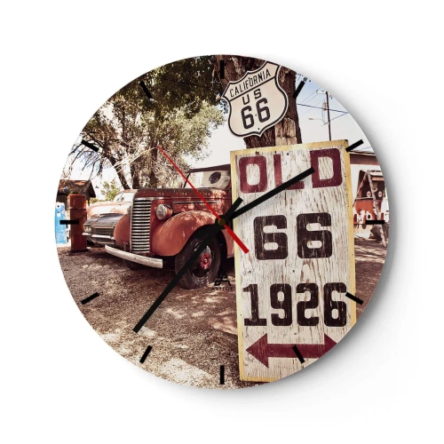 Horloge murale - Pendule murale - Une voiture ancienne devant un panneau de la Route 66 et une plaque en bois. - 30x30cm - La légende de la province américaine - Décoration murale moderne pour le salon, la cuisine et la chambre ARTTOR