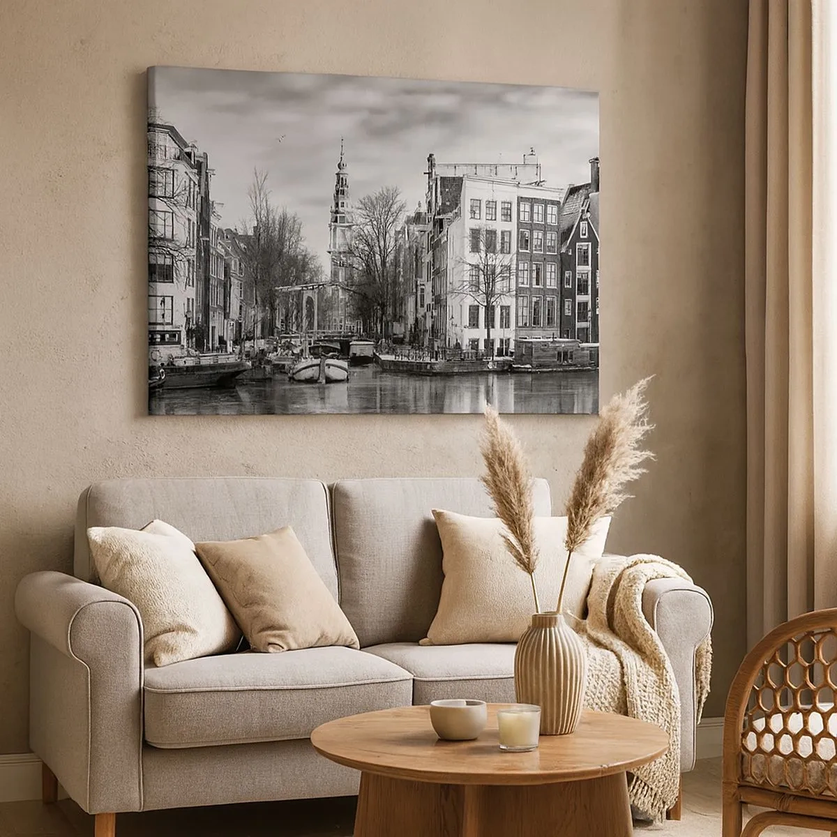 Impression sur toile - Image sur toile - Panorama noir et blanc d'Amsterdam avec canal et bâtiments historiques - 70x50cm - Climat d'Amsterdam - Décoration murale moderne pour le salon et la chambre ARTTOR