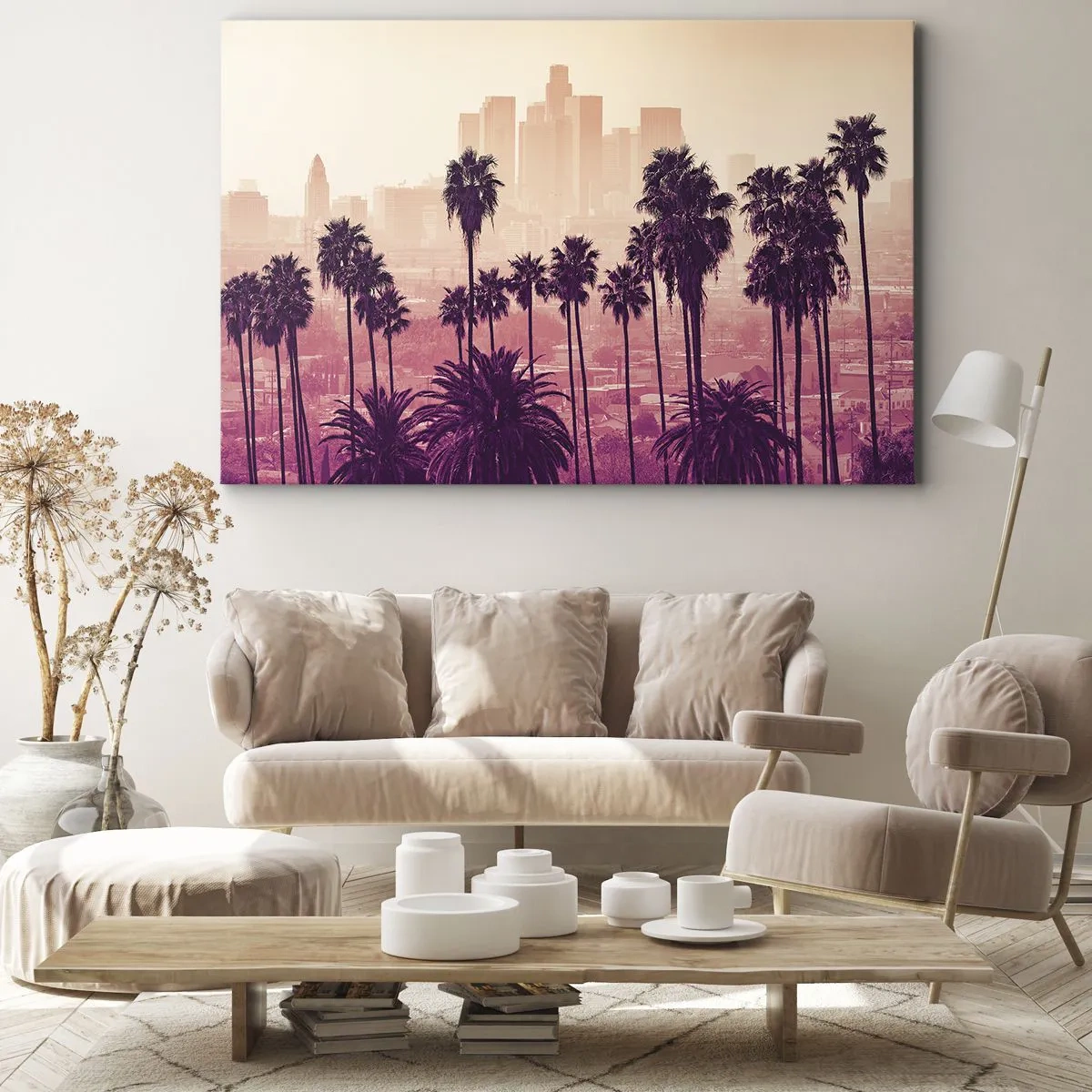 Impression sur toile - Image sur toile - Palmiers sur fond de paysage urbain aux couleurs chaudes - 100x70cm - Paysage californien - Décoration murale moderne pour le salon et la chambre ARTTOR