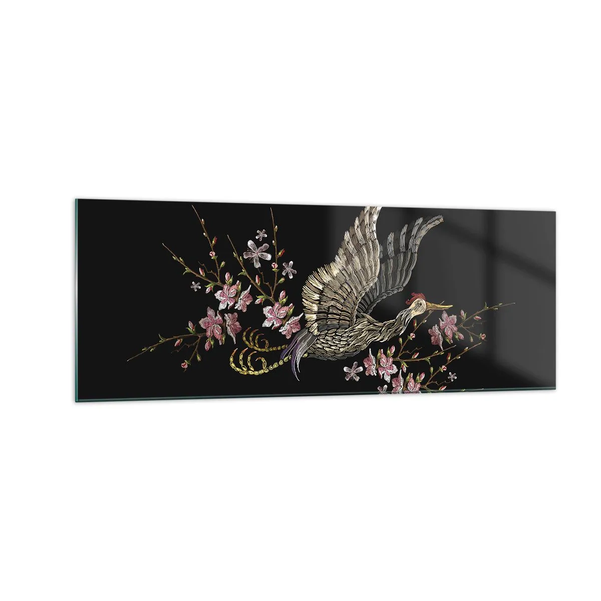 Impression sur verre - Image sur verre - Un oiseau en vol avec des fleurs sur fond noir - 140x50cm - Oiseau brodé exotique - Décoration murale moderne pour le salon et la chambre ARTTOR