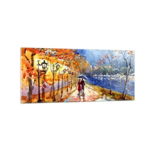 Impression sur verre - Image sur verre - Une promenade d'automne dans le parc au bord de la rivière sous un parasol - 120x50cm - Ensemble jusqu'au bout du temps - Décoration murale moderne pour le salon et la chambre ARTTOR