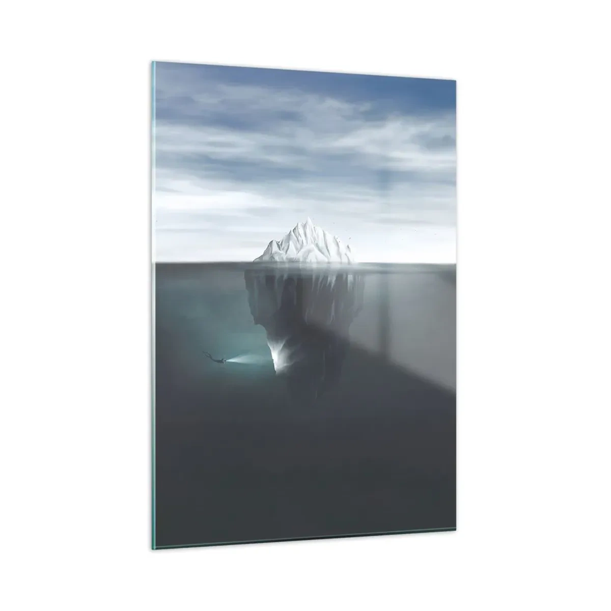 Impression sur verre - Image sur verre - Un iceberg avec un plongeur explorant la partie sous-marine - 50x70cm - Mystère sous-marin - Décoration murale moderne pour le salon et la chambre ARTTOR
