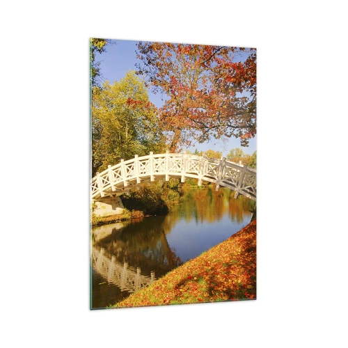 Impression sur verre - Image sur verre - Un pont dans un parc entouré de feuilles d'automne sur une eau calme - 70x100cm - Sur le pont blanc des soupirs - Décoration murale moderne pour le salon et la chambre ARTTOR