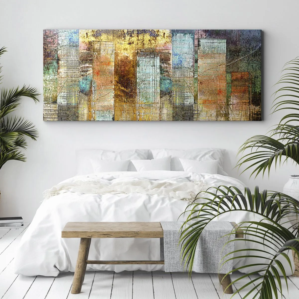 Impression sur toile - Image sur toile - Gratte-ciel abstraits de style industriel - 160x50cm - Une métropole ensoleillée - Décoration murale moderne pour le salon et la chambre ARTTOR