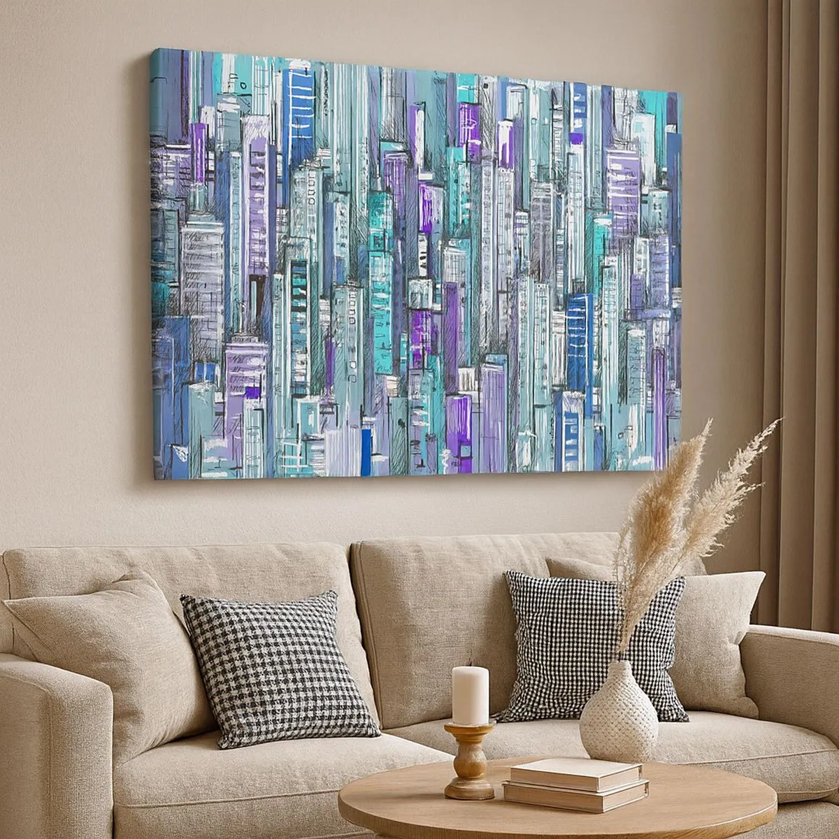 Impression sur toile - Image sur toile - Illustration d'une ville avec des bâtiments géométriques dans des tons de bleu et de violet. - 70x50cm - Bleuâtre avec le ciel - Décoration murale moderne pour le salon et la chambre ARTTOR