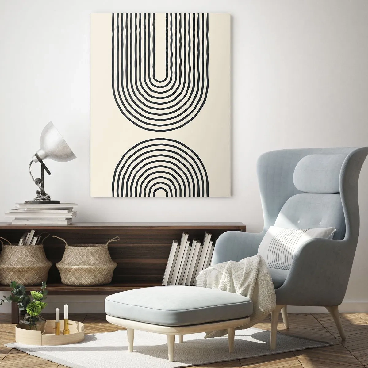 Impression sur verre - Image sur verre - Une peinture abstraite en noir et blanc représentant des lignes en forme d'arc. - 50x70cm - Dans un instant... - Décoration murale moderne pour le salon et la chambre ARTTOR