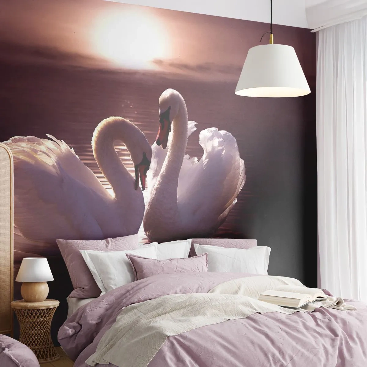 Papier Peint Photo Premium Sand - Deux cygnes au coucher du soleil se reflétant dans l'eau - 100x70cm - Jusqu'à ce que la mort nous sépare - Décoration murale moderne pour le salon et la chambre ARTTOR