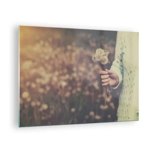 Impression sur verre - Image sur verre - Une main tenant un bouquet de pissenlits sur un champ flou - 70x50cm - Merci de les garder - Décoration murale moderne pour le salon et la chambre ARTTOR