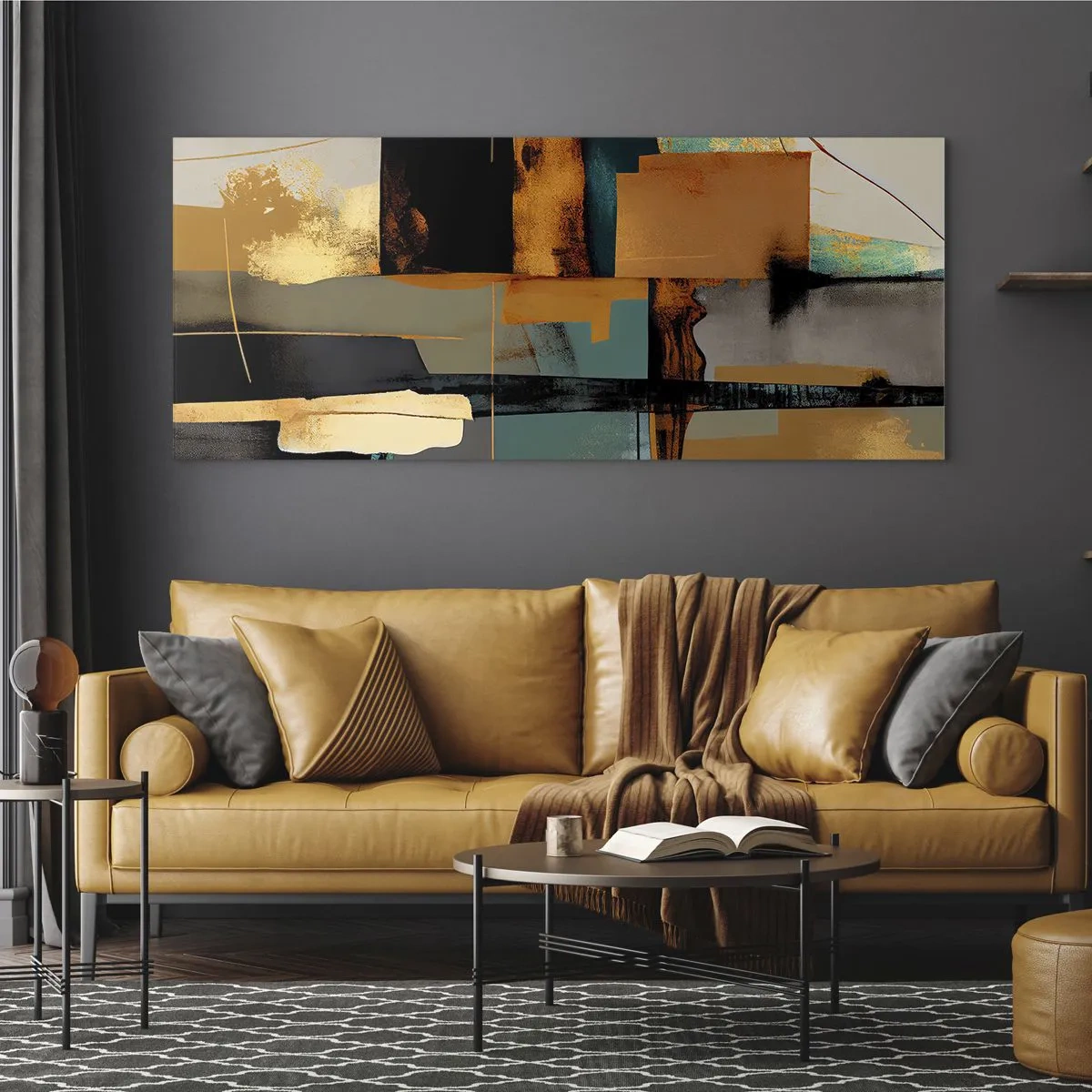 Impression sur verre - Image sur verre - Composition abstraite avec des éléments dorés et turquoise - 160x50cm - Abstraction – lumière et ombre - Décoration murale moderne pour le salon et la chambre ARTTOR