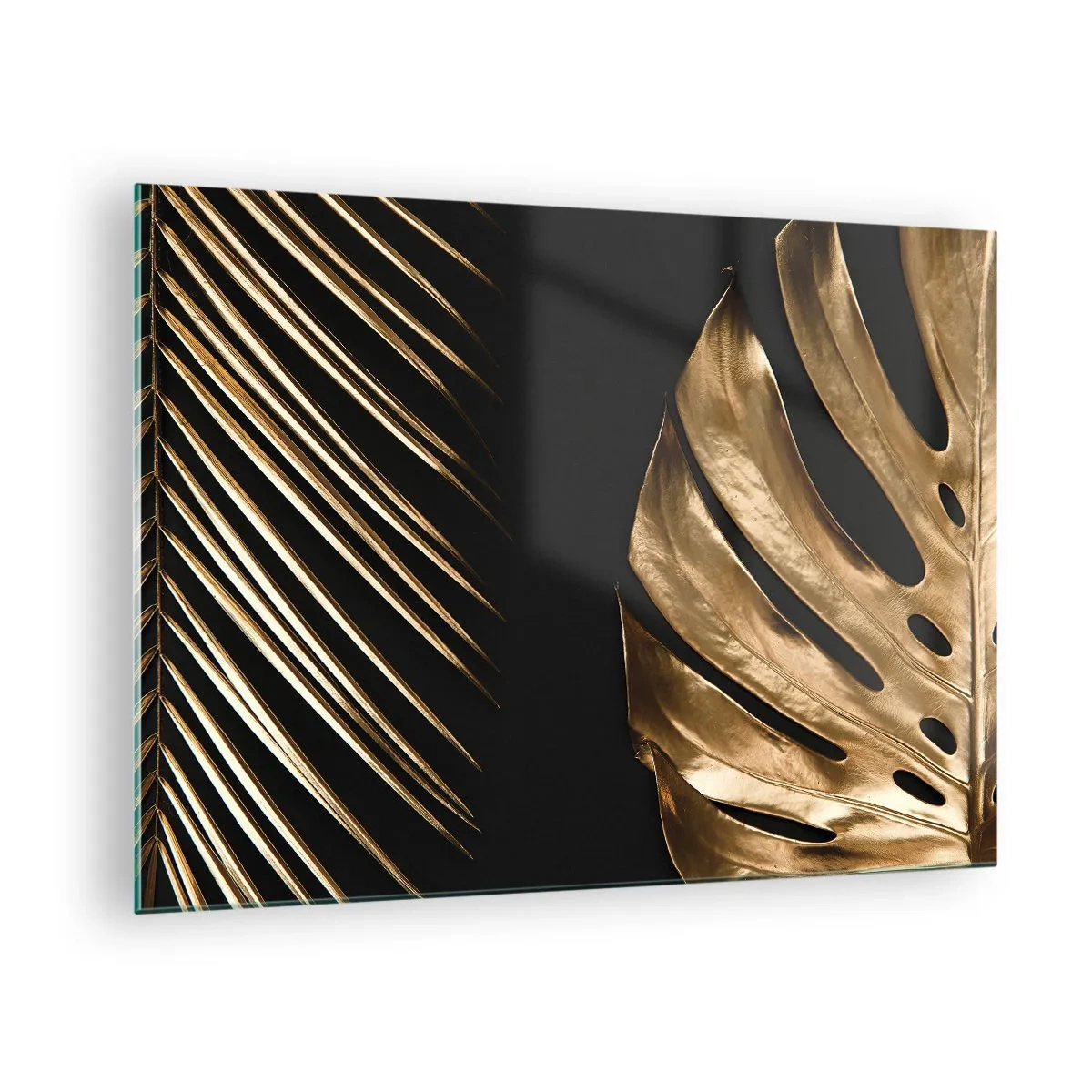 Impression sur verre - Image sur verre - Feuilles de palmier dorées et monsteras sur fond noir - 70x50cm - Différent et tout aussi cher - Décoration murale moderne pour le salon et la chambre ARTTOR