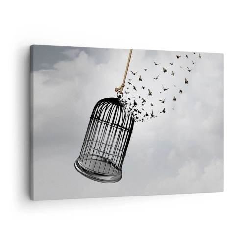 Impression sur toile - Image sur toile - Des oiseaux s'envolent d'une cage dans le ciel - 70x50cm - Foie...Espoir...Liberté! - Décoration murale moderne pour le salon et la chambre ARTTOR