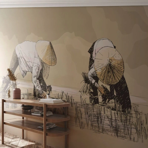 Papier Peint Autocollant Deluxe Sticker - Récolte réussie - Asie, Plantation de riz, Rizière - 300x210 cm