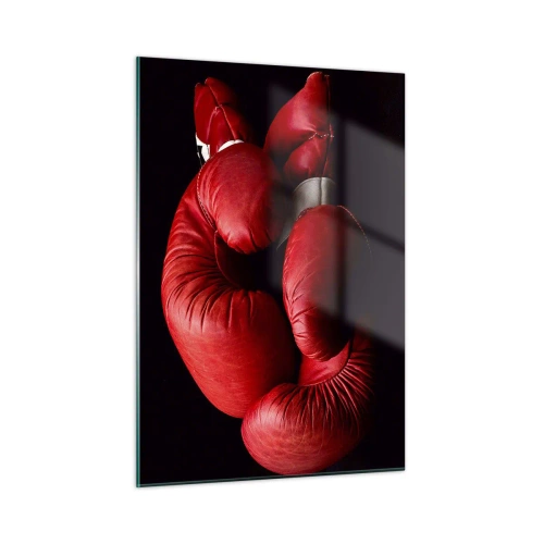 Impression sur verre - Image sur verre - Gants de boxe rouges sur fond noir - 50x70cm - Les émotions du combat sont derrière nous - Décoration murale moderne pour le salon et la chambre ARTTOR