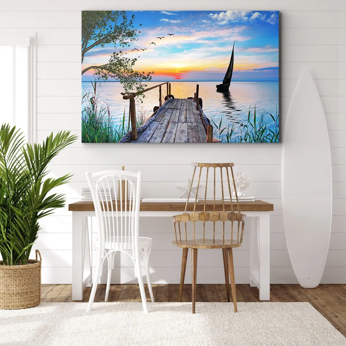 Impression sur toile - Image sur toile - Jetée du lac avec bateau et coucher de soleil - 70x50cm - Bonsoir! - Décoration murale moderne pour le salon et la chambre ARTTOR