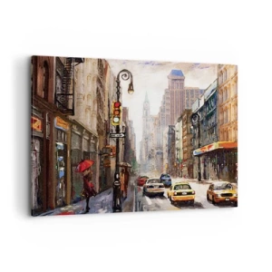 Impression sur toile - Image sur toile - Paysage urbain avec une rue et des taxis jaunes - 100x70cm - New-Zork - coloré même sous la pluie - Décoration murale moderne pour le salon et la chambre ARTTOR