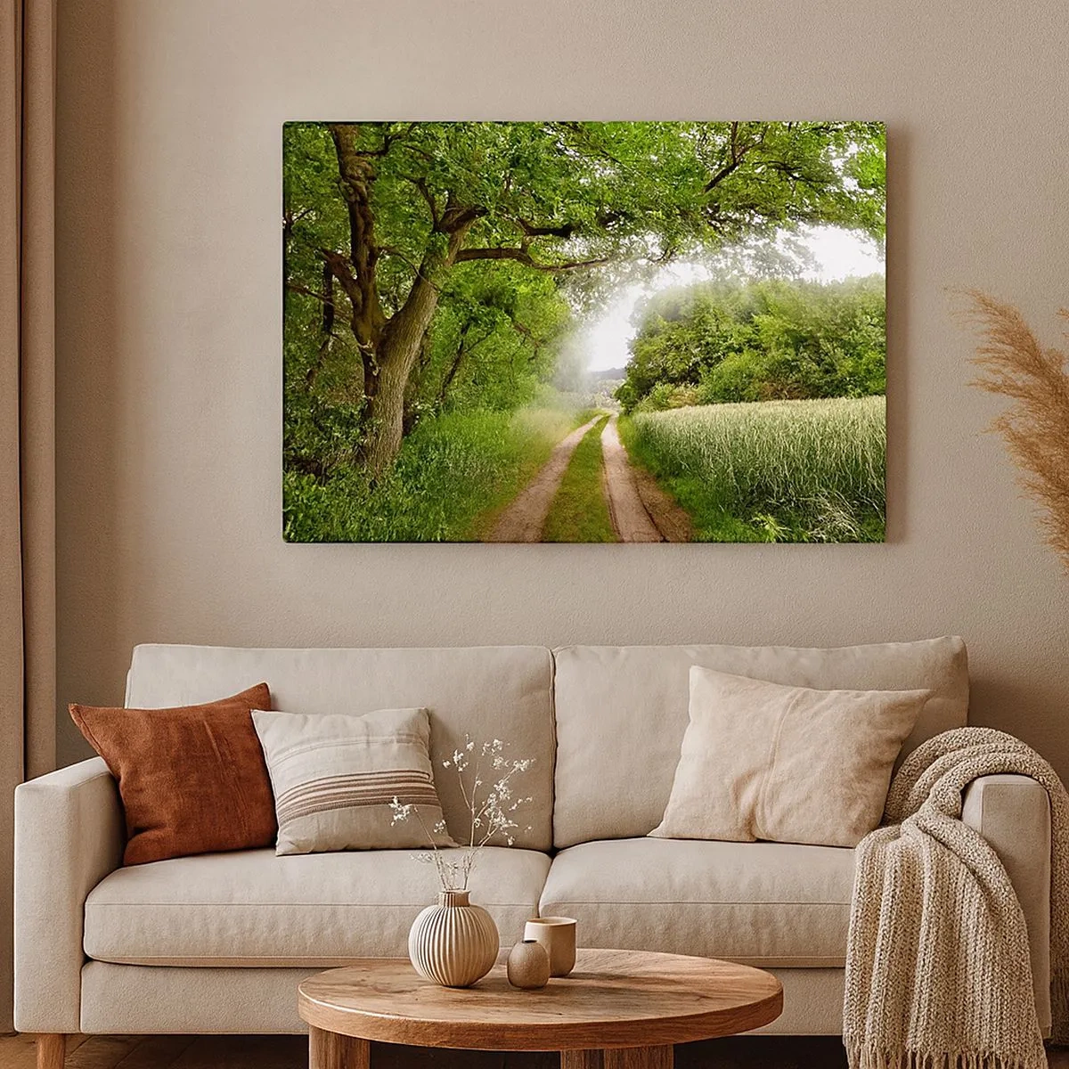 Impression sur toile - Image sur toile - Un chemin de terre parmi les arbres verts et la lumière du soleil - 70x50cm - Et in Arcadia ego - Décoration murale moderne pour le salon et la chambre ARTTOR