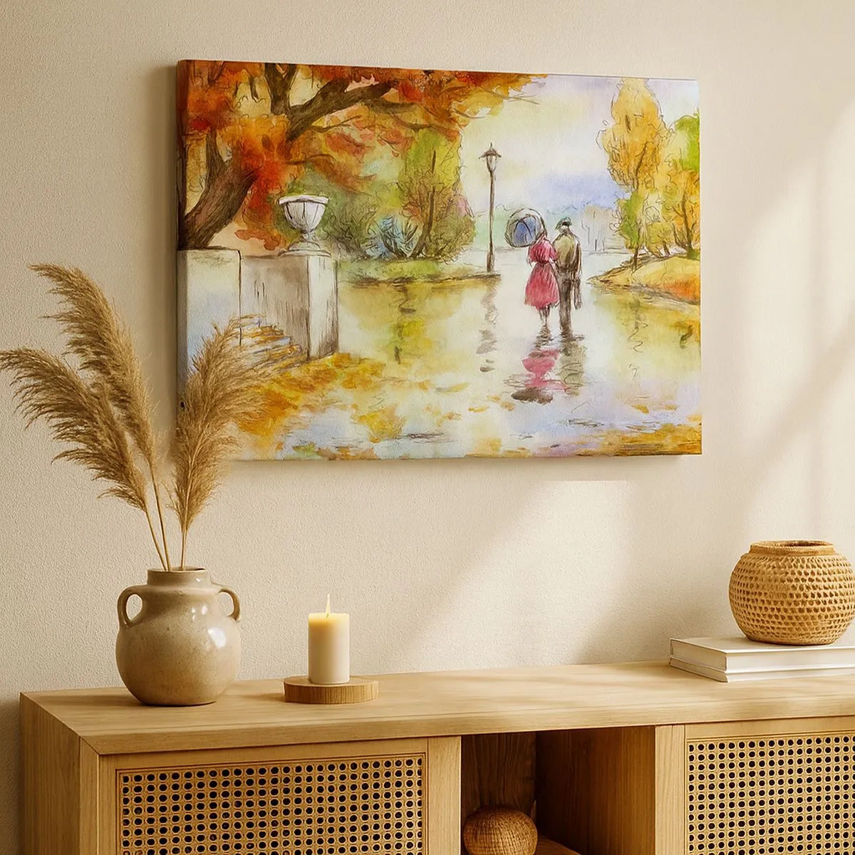 Impression sur toile - Image sur toile - Une promenade dans le parc d'automne avec un parapluie - 70x50cm - Automne romantique dans le parc - Décoration murale moderne pour le salon et la chambre ARTTOR
