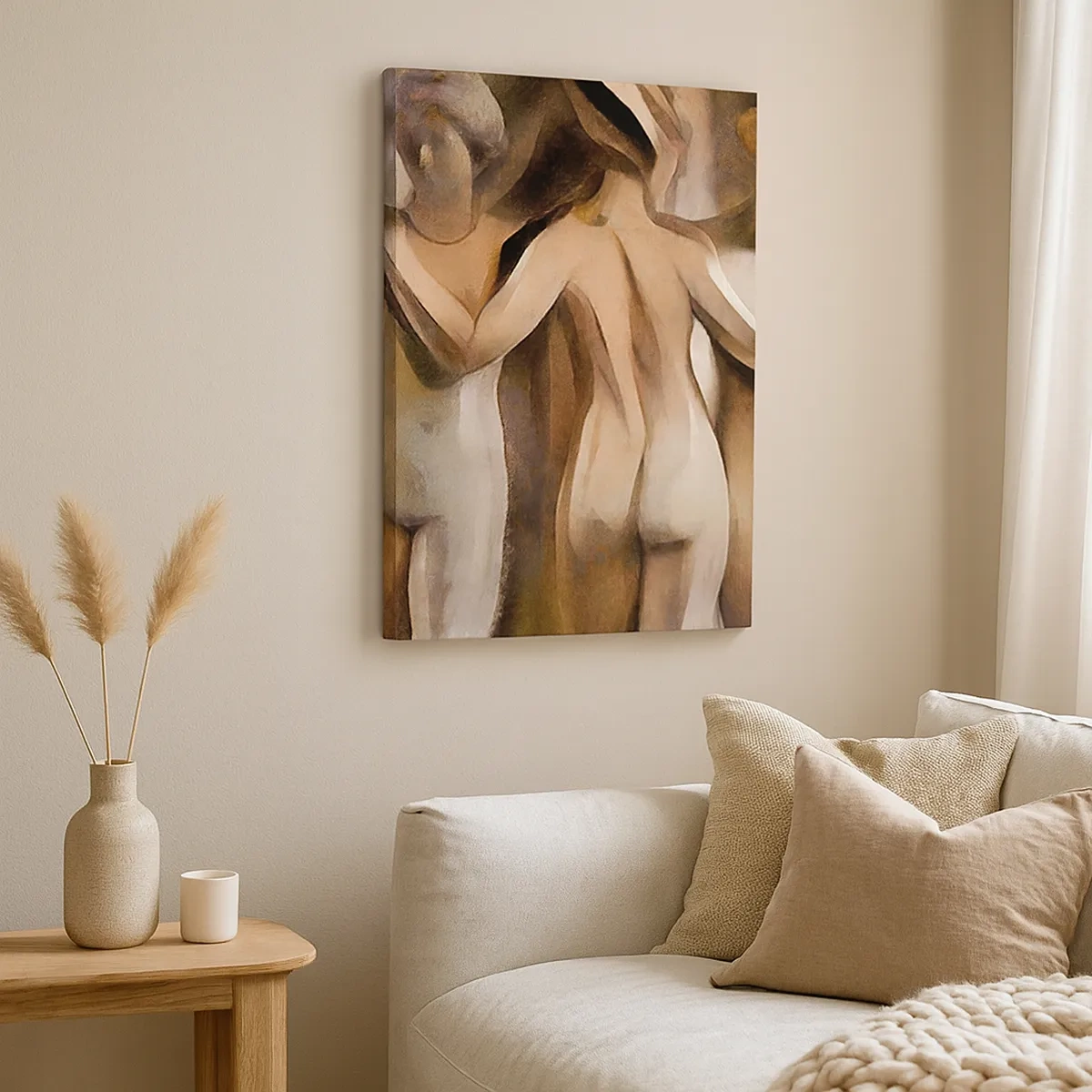 Impression sur toile - Image sur toile - Une scène abstraite avec trois personnages aux couleurs chaudes. - 50x70cm - Trois Grâces 2.0 - Décoration murale moderne pour le salon et la chambre ARTTOR