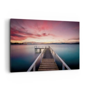 Impression sur toile - Image sur toile - Une jetée menant à un lac tranquille au coucher du soleil - 120x80cm - La douce flamme du soir - Décoration murale moderne pour le salon et la chambre ARTTOR