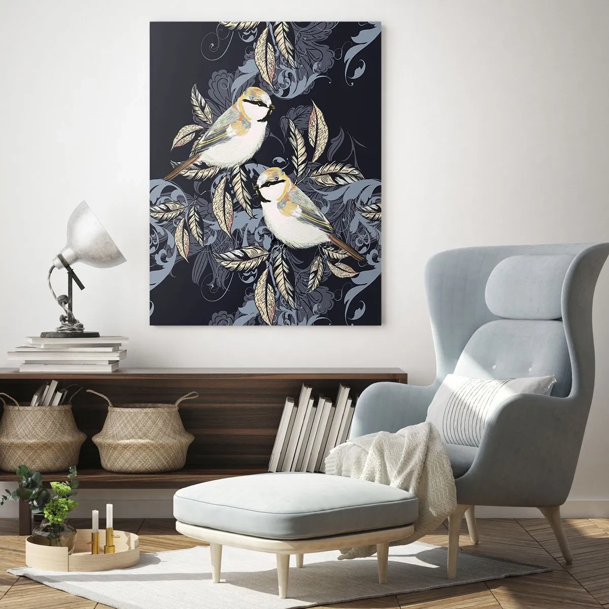 Impression sur verre - Image sur verre - Oiseaux sur des branches dans un arrière-plan ornemental - 80x120cm - Babillement jaune et bleu - Décoration murale moderne pour le salon et la chambre ARTTOR