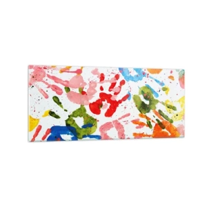 Impression sur verre - Image sur verre - Empreintes de mains colorées sur fond blanc - 120x50cm - Suivez les traces - Décoration murale moderne pour le salon et la chambre ARTTOR