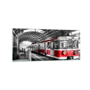 Impression sur verre - Image sur verre - Train rouge à la gare sous un toit - 120x50cm - C'est peut-être le voyage de votre vie ? - Décoration murale moderne pour le salon et la chambre ARTTOR