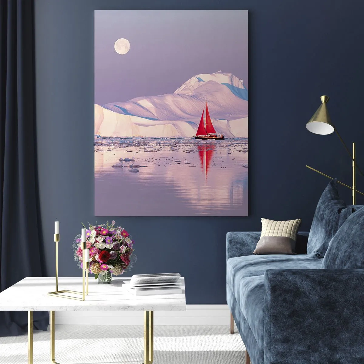 Impression sur verre - Image sur verre - Un voilier sur fond de glaciers au clair de lune - 50x70cm - La chaleur de la voile, le froid de la glace - Décoration murale moderne pour le salon et la chambre ARTTOR