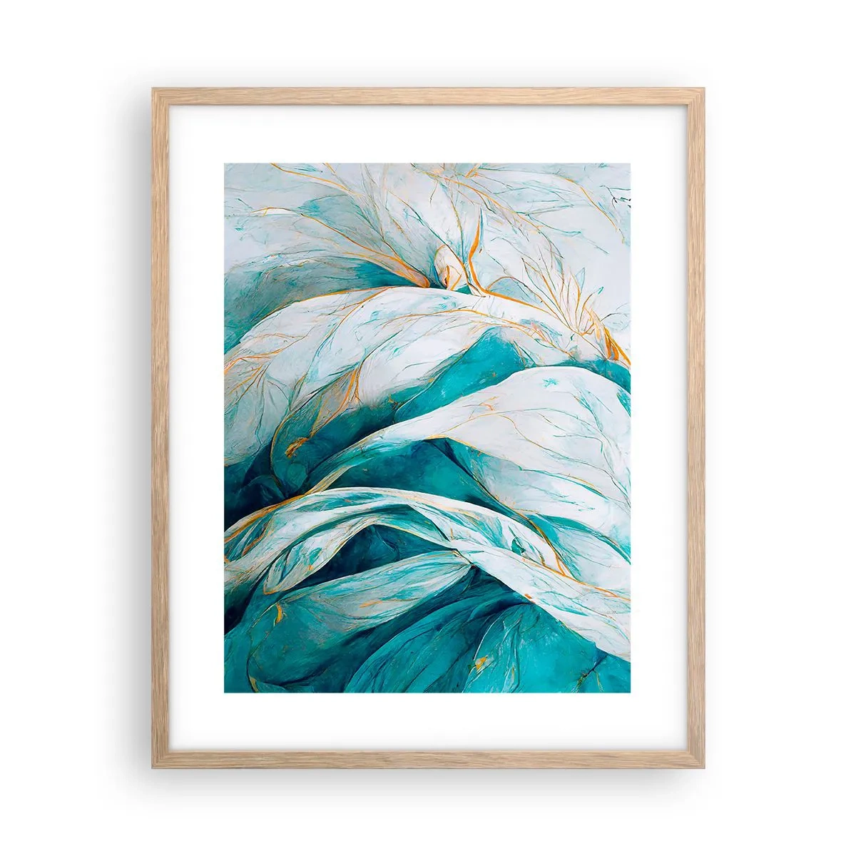 Affiche dans un chêne clair - Poster - Abstraction bleue avec un motif doré - 40x50 cm