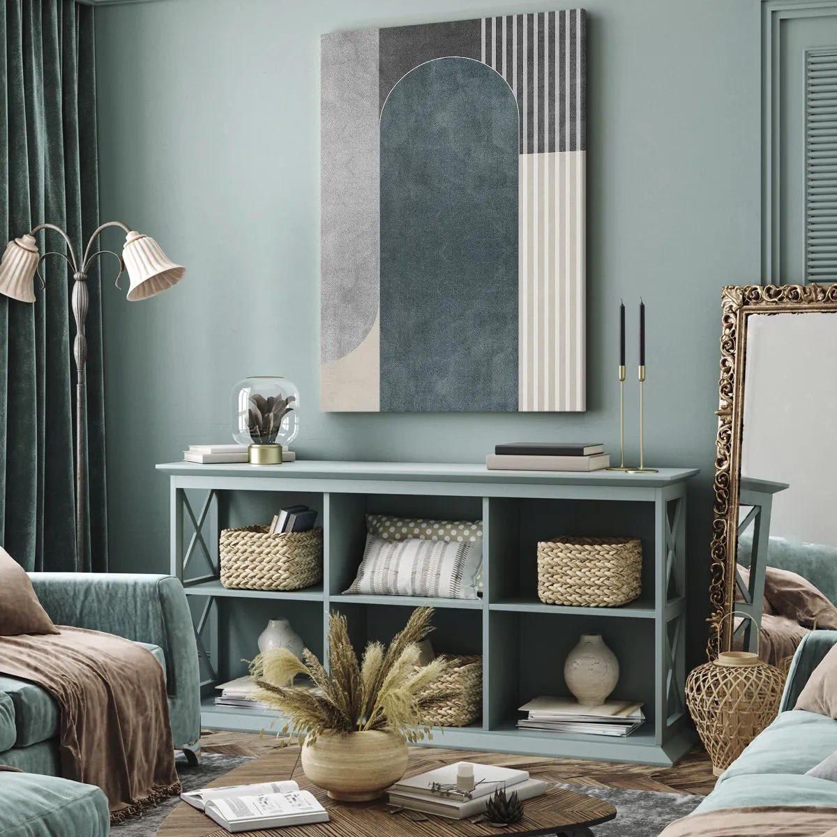 Impression sur toile - Image sur toile - Abstraction géométrique dans les tons de gris et de vert - 70x100cm - Composition de niveaux - Décoration murale moderne pour le salon et la chambre ARTTOR