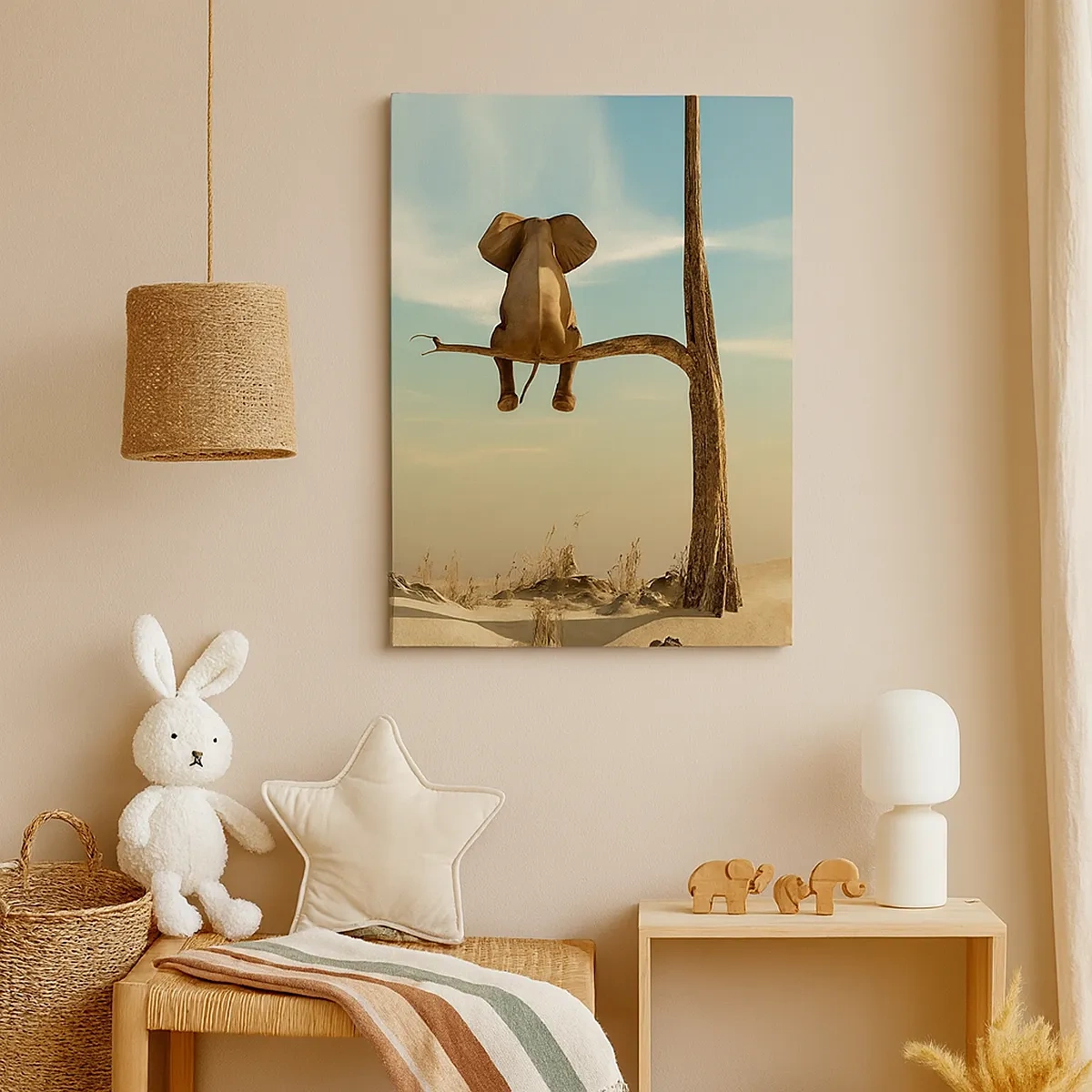 Impression sur toile - Image sur toile - Un éléphant assis sur une branche surplombant un paysage désertique - 50x70cm - Nouveau point de vue - Décoration murale moderne pour le salon et la chambre ARTTOR
