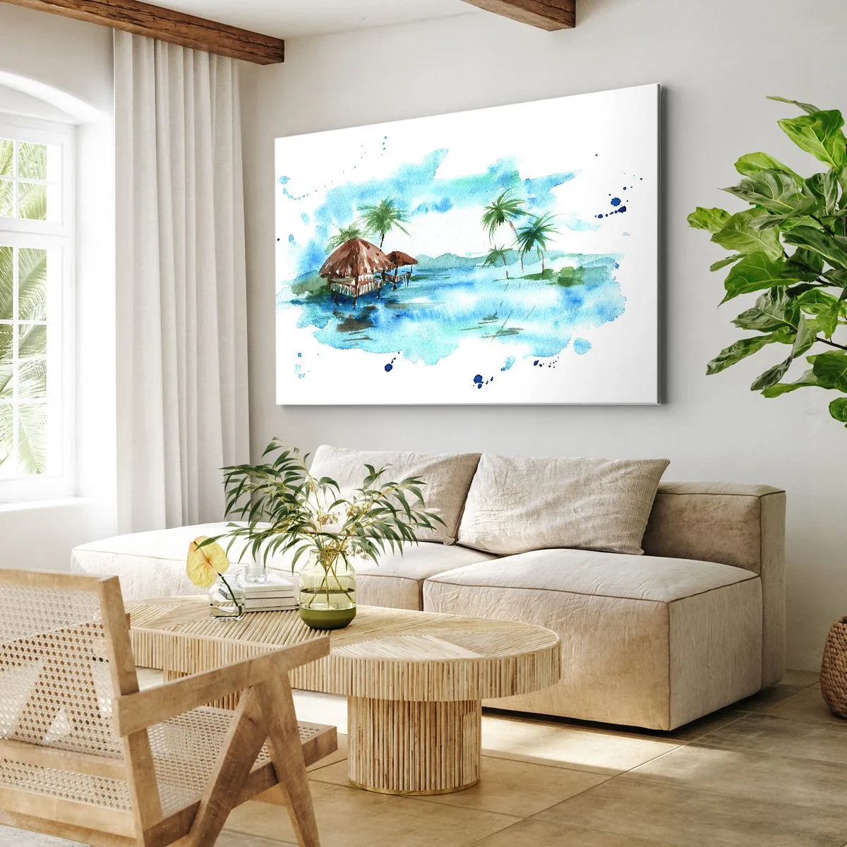 Impression sur toile - Image sur toile - Aquarelle représentant un paysage tropical avec des maisons et des palmiers - 70x50cm - Quelque part dans le Pacifique - Décoration murale moderne pour le salon et la chambre ARTTOR