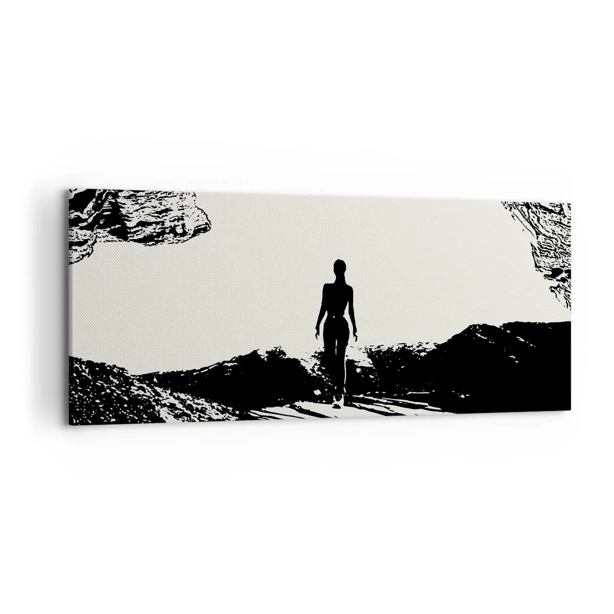 Impression sur toile - Image sur toile - Silhouette noire et blanche d'une femme dans une grotte contre le ciel - 120x50cm - Nouveau look - Décoration murale moderne pour le salon et la chambre ARTTOR