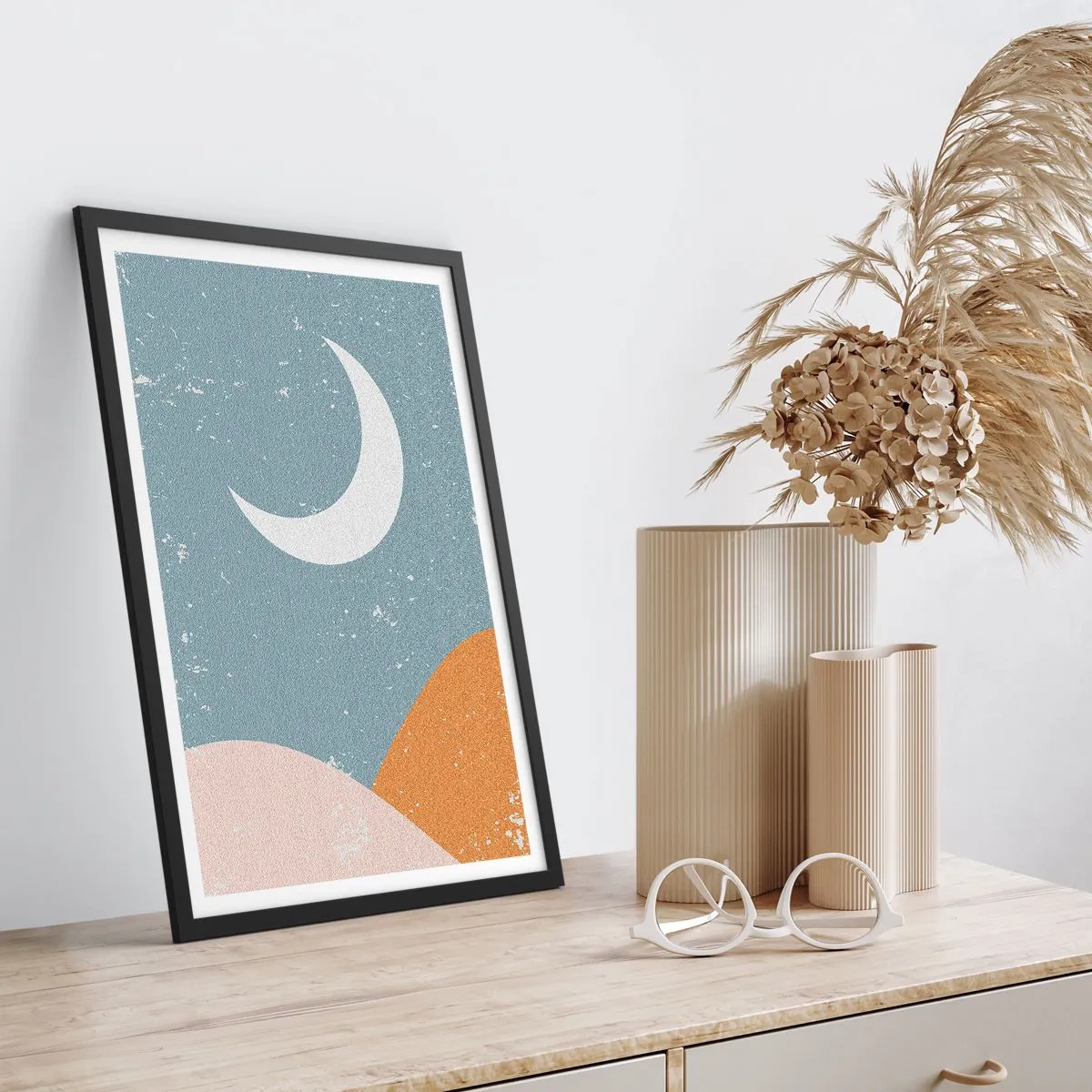 Affiche dans un cadre noir - Poster - Une lune minimaliste sur un paysage abstrait. - 50x70cm - Miracle de nombreuses nuits - Décoration murale moderne pour le salon et la chambre ARTTOR