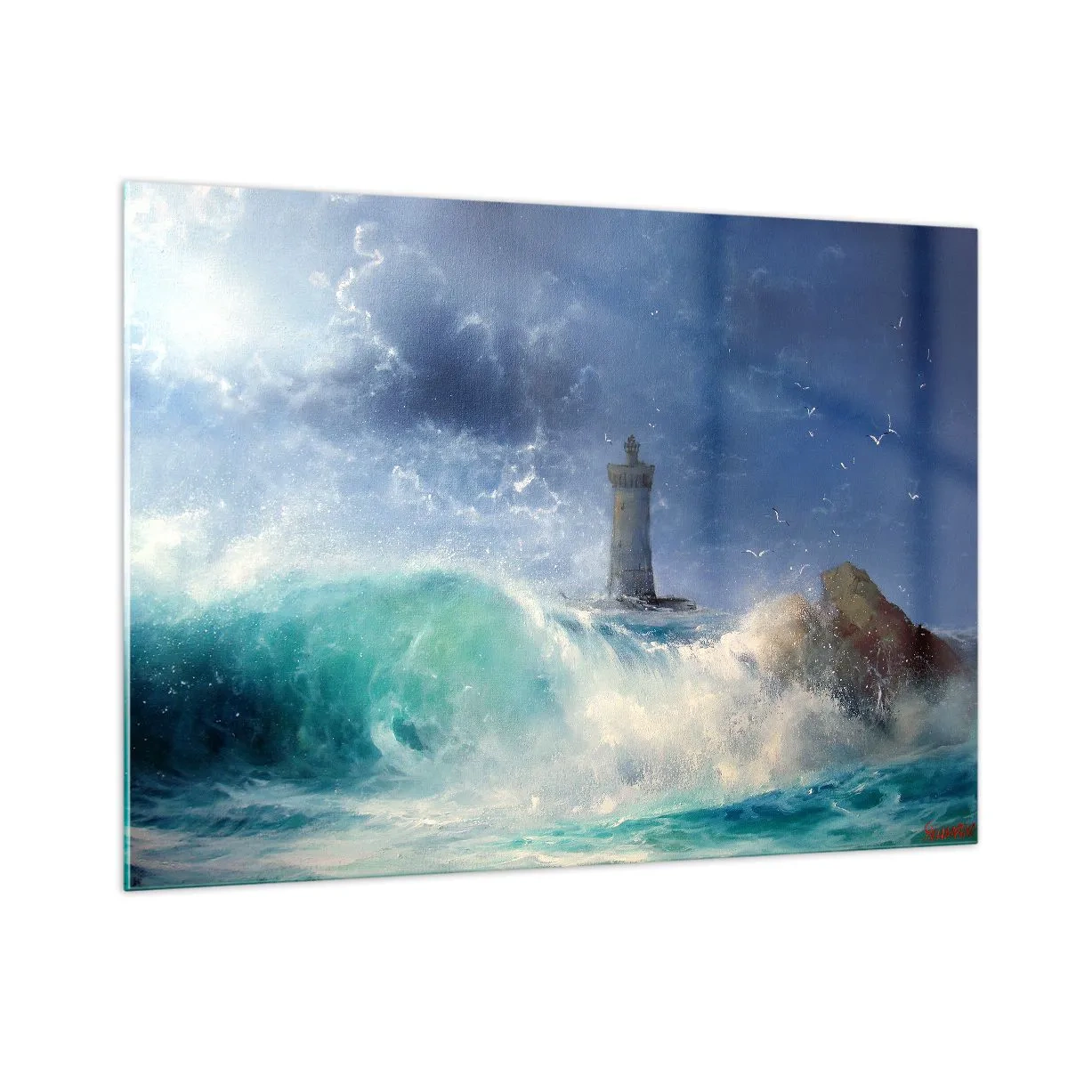 Impression sur verre - Image sur verre - Un phare parmi les vagues agitées de l'océan - 100x70cm - En garde contre les éléments - Décoration murale moderne pour le salon et la chambre ARTTOR
