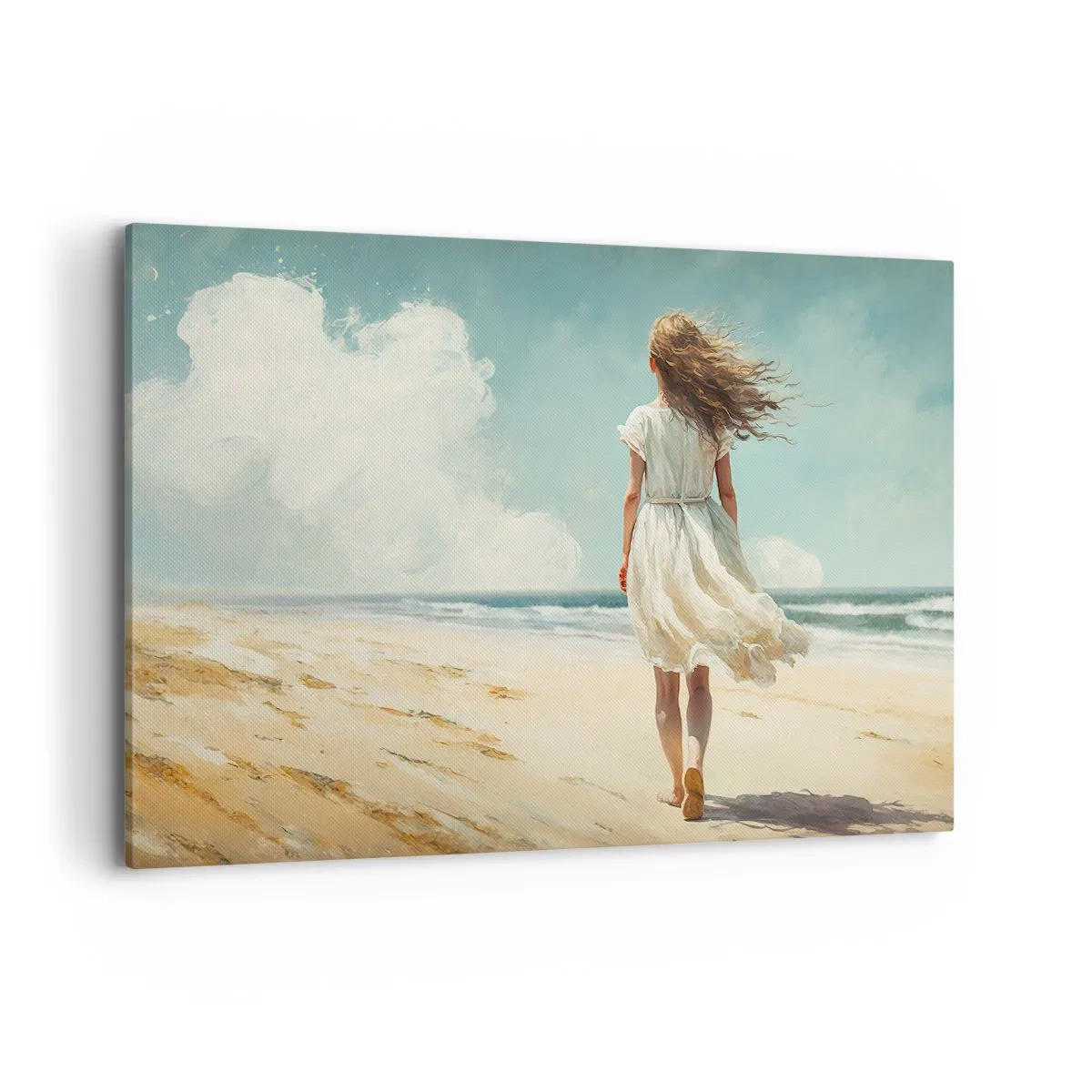 Impression sur toile - Image sur toile - Une femme en robe blanche marchant sur la plage par une journée ensoleillée - 100x70cm - Pour rencontrer le soleil et le vent - Décoration murale moderne pour le salon et la chambre ARTTOR