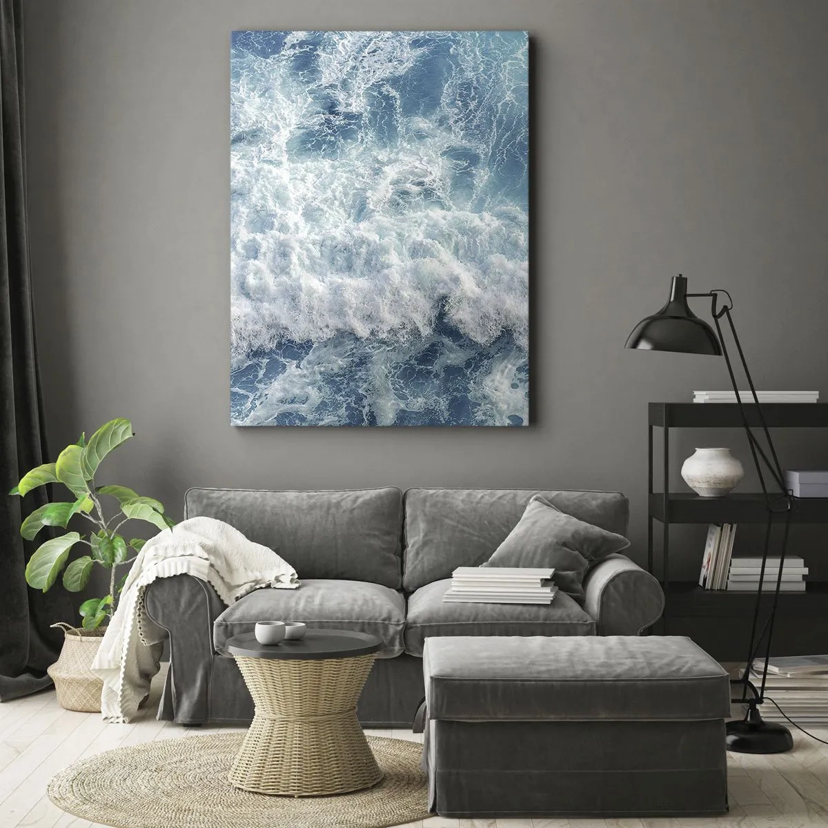 Impression sur toile - Image sur toile - Vagues océaniques dynamiques dans des tons de bleu - 80x120cm - Joyeusement et en sautant - Décoration murale moderne pour le salon et la chambre ARTTOR