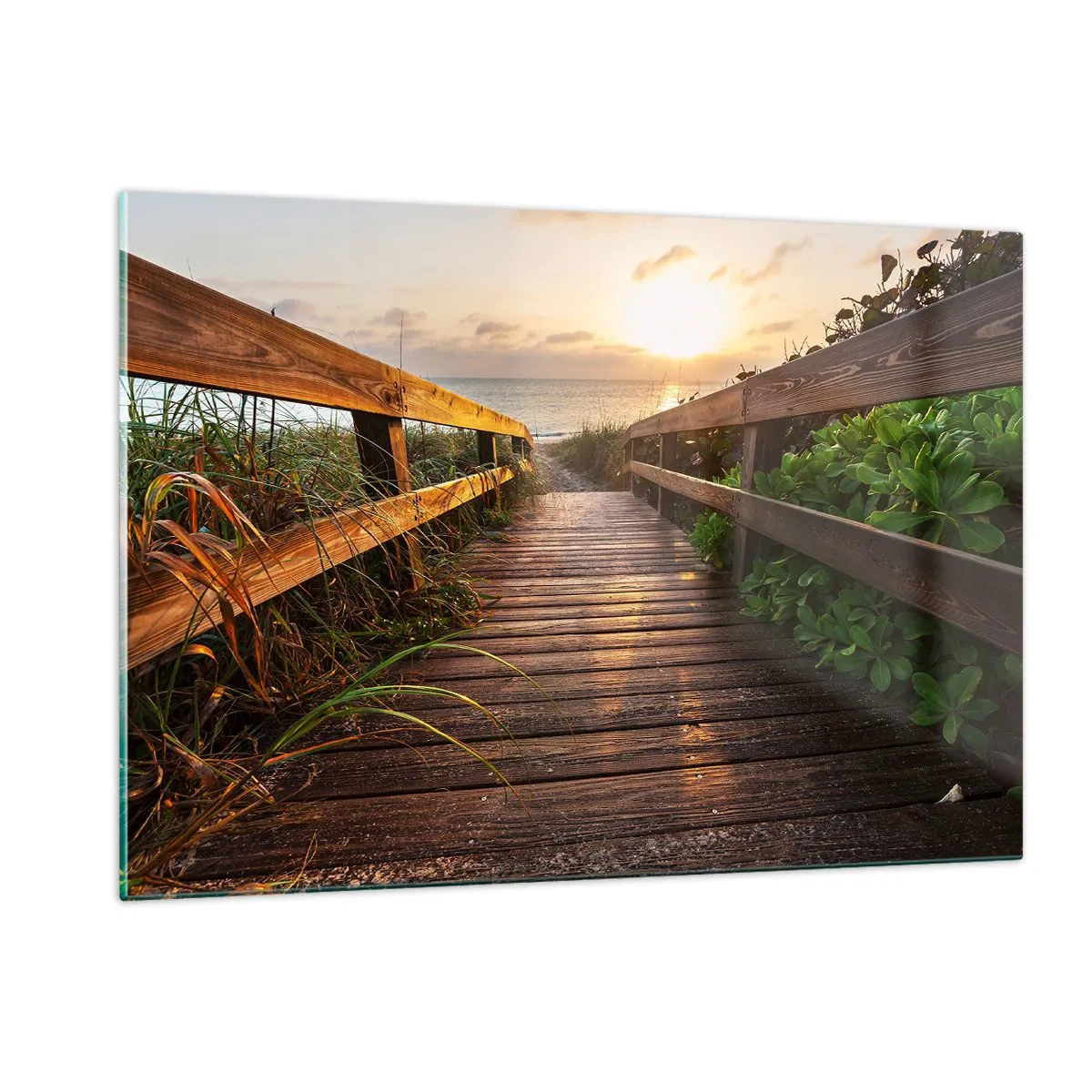 Impression sur verre - Image sur verre - Passerelle en bois menant à la plage au coucher du soleil - 120x80cm - Tout droit vers le rivage - Décoration murale moderne pour le salon et la chambre ARTTOR