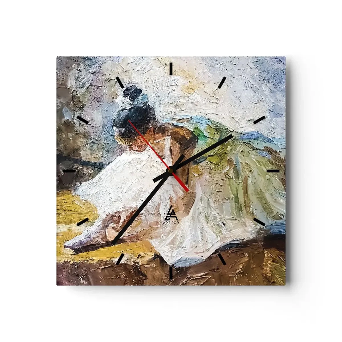Horloge murale - Pendule murale - Une ballerine en robe blanche dans un style pictural sur un fond impressionniste. - 30x30cm - D'après un tableau de Degas - Décoration murale moderne pour le salon et la chambre ARTTOR